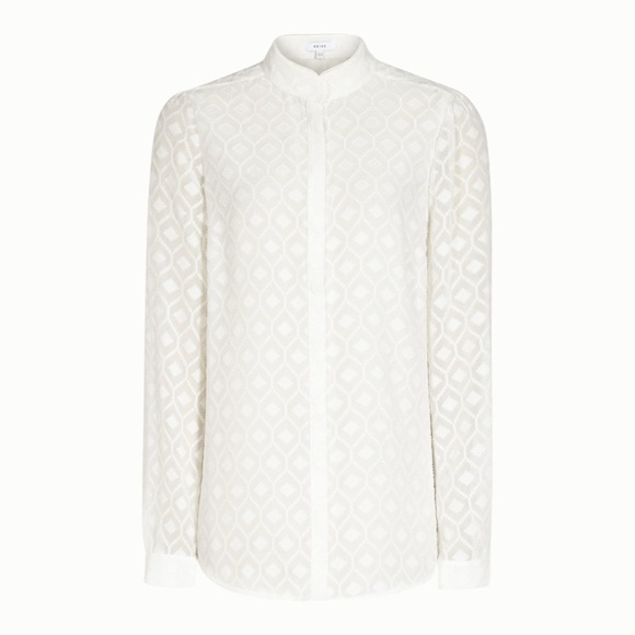 REISS Textured Madison Long Sleeve Geometric Blouse In Off White Size US 10